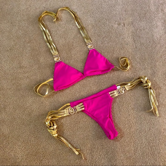 imOgen Other - NWT competition hot pink tassel jewel diamond halter string bikini gold side